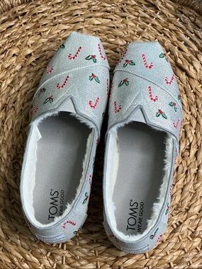 Toms Silver Glitter Slip-Ons with Red Candy Cane and Green Holly Embroidery